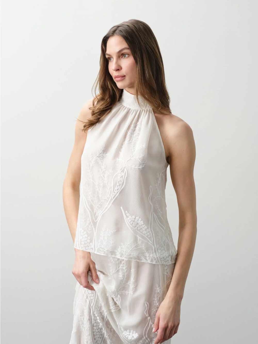 NWT - NakedCashmere - CASSIA FLORAL SILK CHIFFON HALTER TOP - ECRU